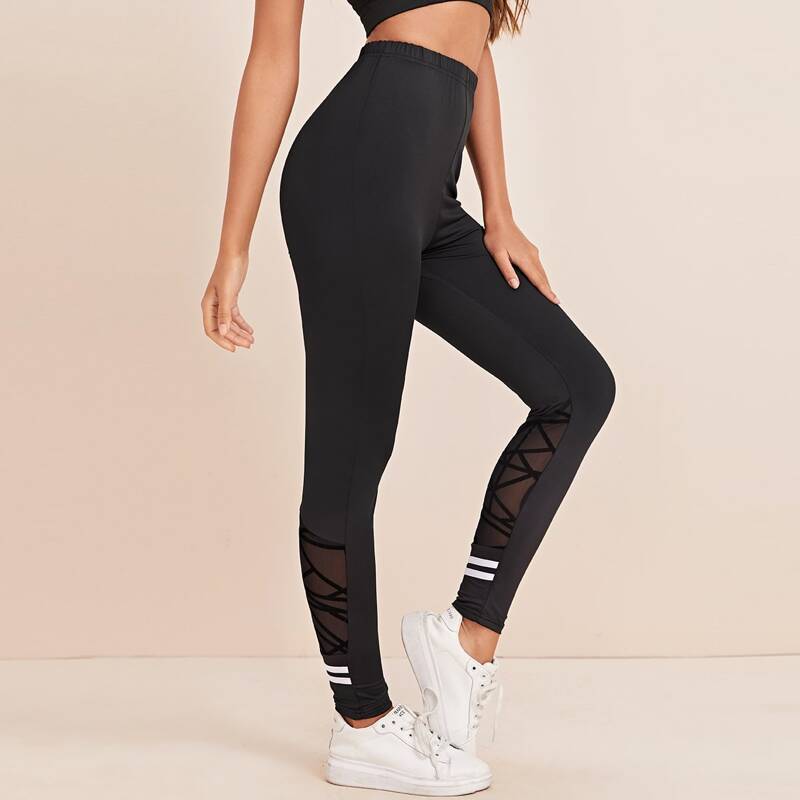 

Mesh Panel Striped Tape Skinny Leggings, Black