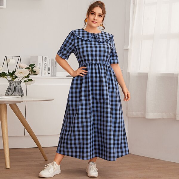 

Plus Gingham Print Peter Pan Collar Dress, Blue