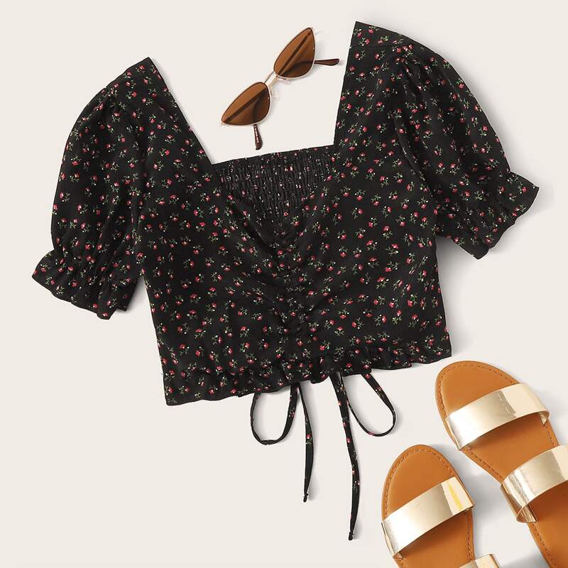 

Drawstring Shirred Back Ditsy Floral Top, Black