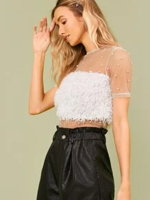 SHEIN BAE Pearl Beaded Mesh Yoke Fuzzy Top - White - View 3
