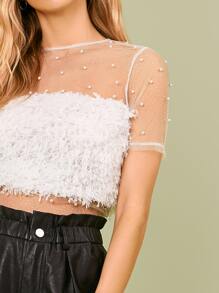 SHEIN BAE Pearl Beaded Mesh Yoke Fuzzy Top - White - View 4