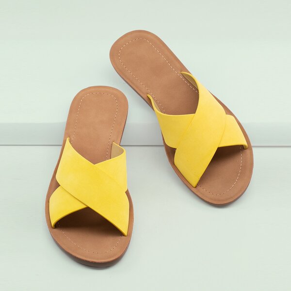 

Open Toe Cross Band Flat Slide Sandals, Yellow