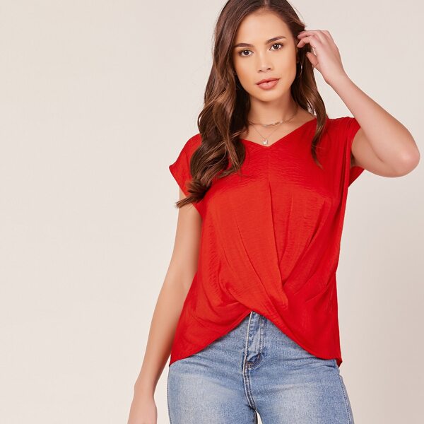 

Short Sleeve Twist Front Satin Blouse, Red