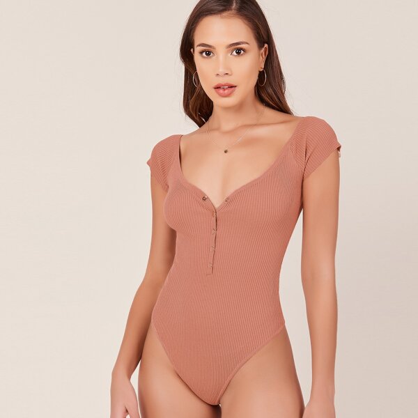 

Short Sleeve Buttoned Placket Rib Knit Bodysuit, Pink