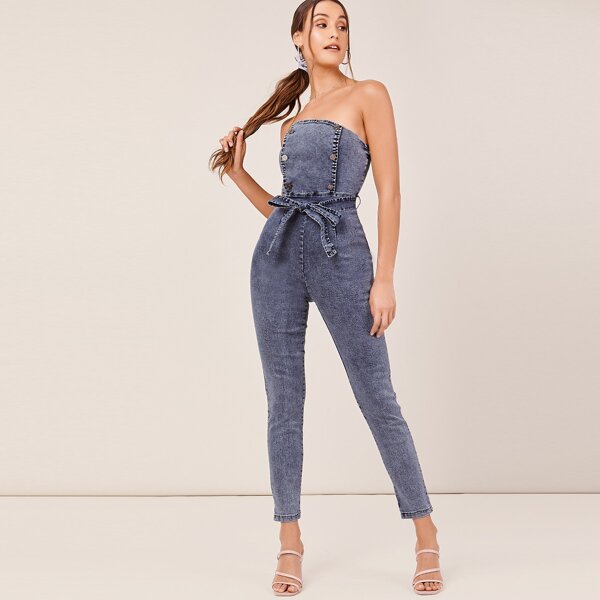 

Strapless Double Breasted Denim Jumpsuit, Blue