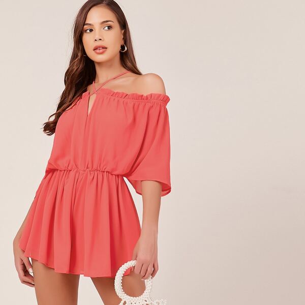 

Cross Straps Off Shoulder Ruffle Romper, Pink