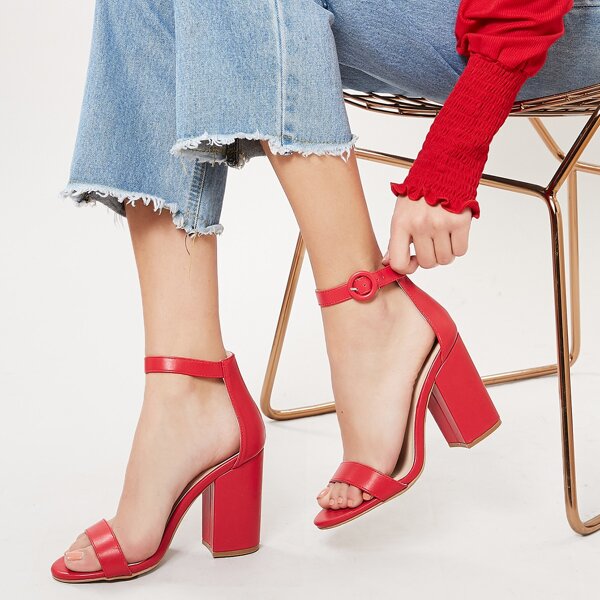 

Open Toe Ankle Strap Block Heel Sandals, Red
