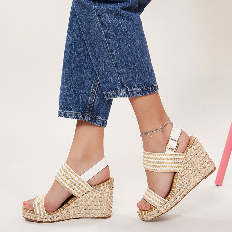 

Stripe Woven Straw Open Toe Slingback Wedges, Khaki