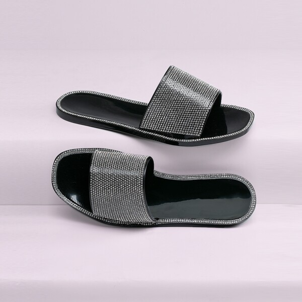 

Rhinestone Open Toe Flat Jelly Slide Sandals, Black