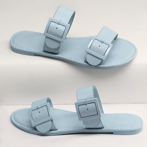 

Double Buckle Band Open Toe Flat Slide Sandals, Blue