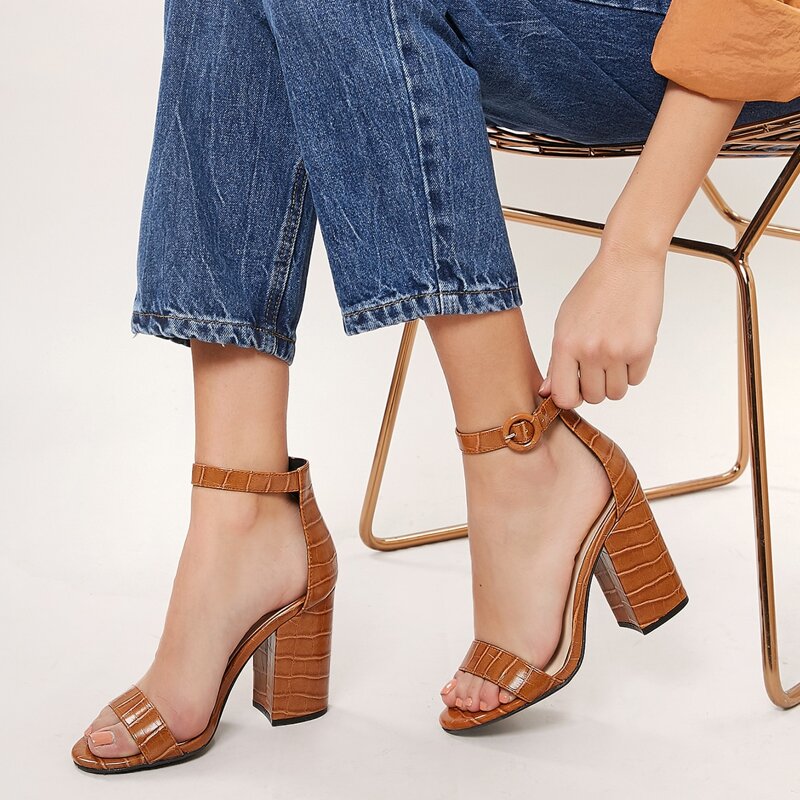 

Crocodile Detail Buckled Ankle Block Heel Sandals, Brown