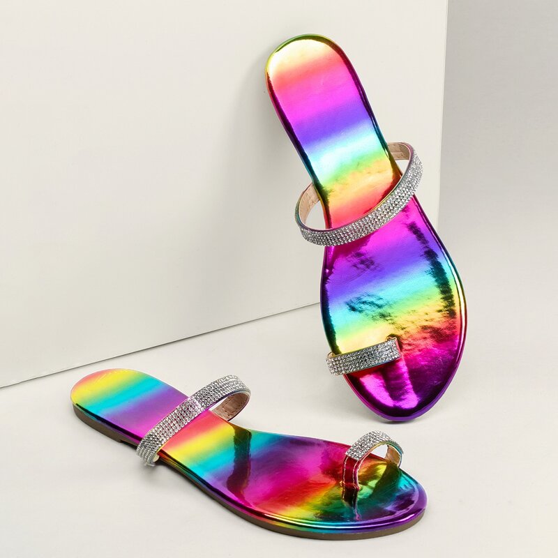

Rainbow Ombre Rhinestone Toe Ring Slide Sandals, Multicolor