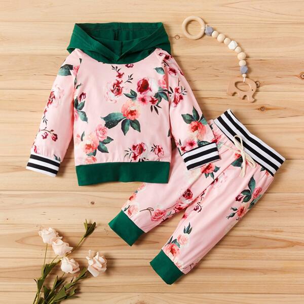

Спортивные брюки и толстовка с цветочным принтом, полосками для девочек, Многоцветный