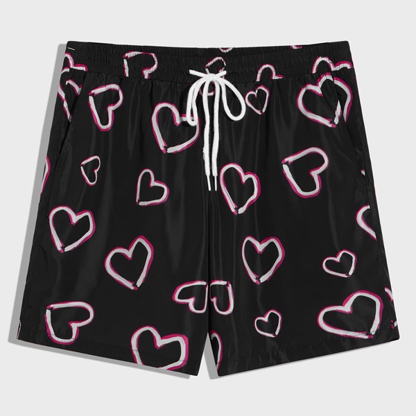 

Men Heart Print Windbreaker Shorts, Black