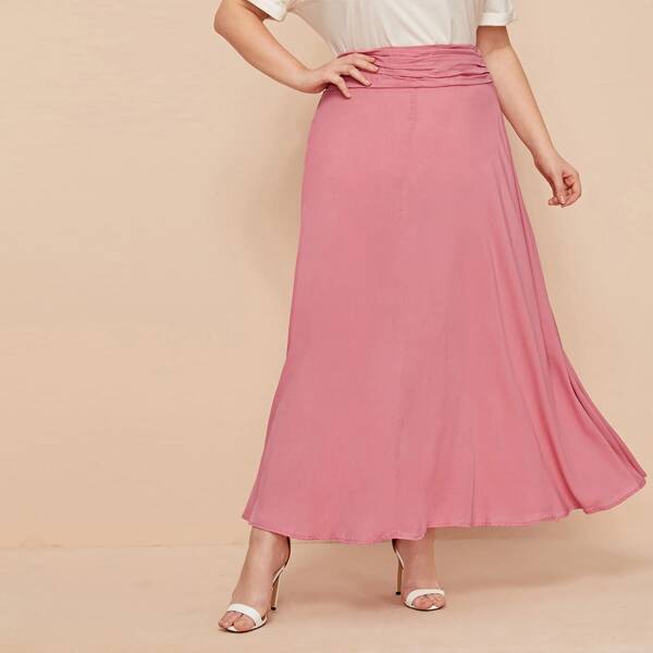 

Plus Ruched Waist Solid Skirt, Pastel pink