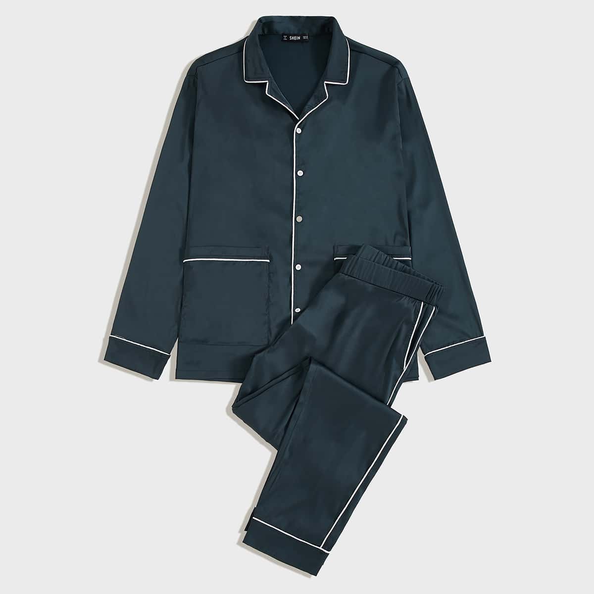 

Guys Contrast Piping Satin Shirt & Pants PJ Set, Navy