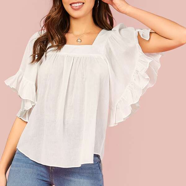 

Square Neck Frill Short Sleeve Top, White