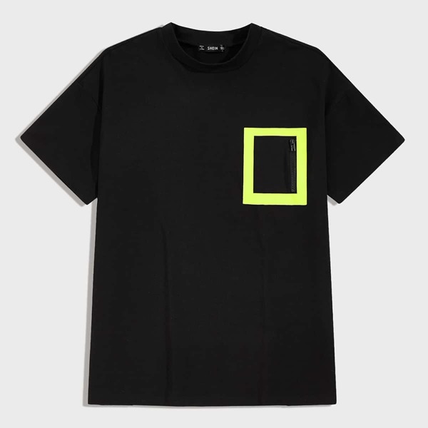 

Men Neon Print Zip Pocket Detail Tee, Black