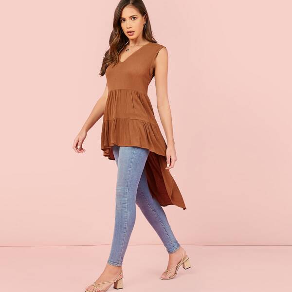 

V-Neck Sleeveless Shirred High Low Hem Tunic, Brown