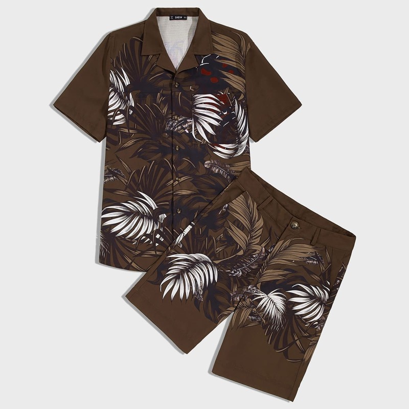 

Guys Notched Collar Pocket Front Tropical Shirt & Shorts Set, Brown