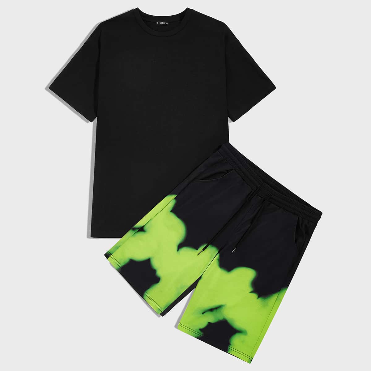

Guys Drop Shoulder Solid Top & Graphic Shorts Set, Black