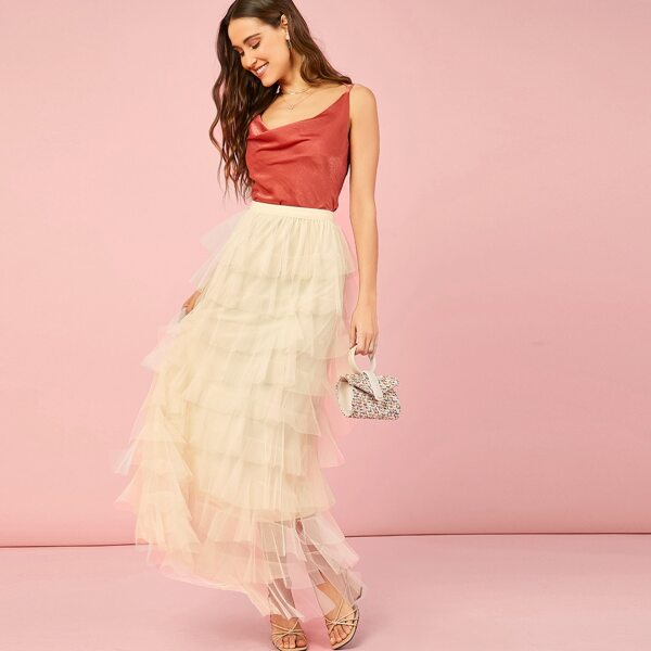 

Elastic Waist Tiered Layer Tulle Maxi Skirt, Beige
