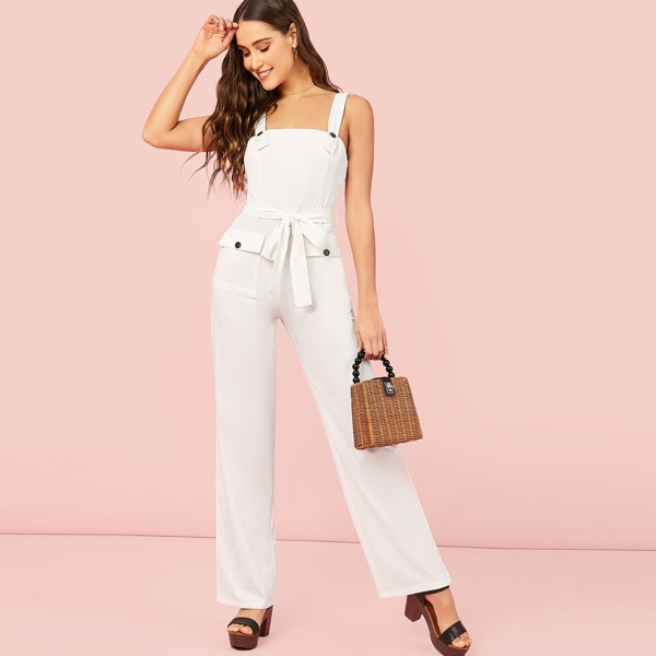 

Sleeveless Waist Tie Safari Jumpsuit With Pockets, White