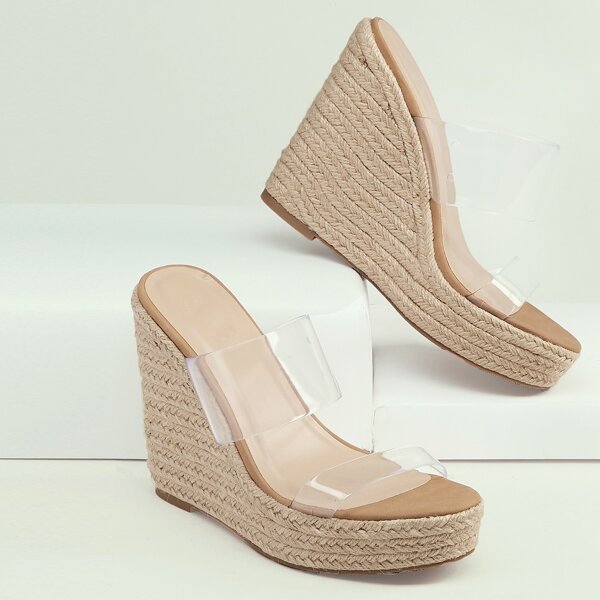 

Double Clear Band Open Toe Platform Wedges, White