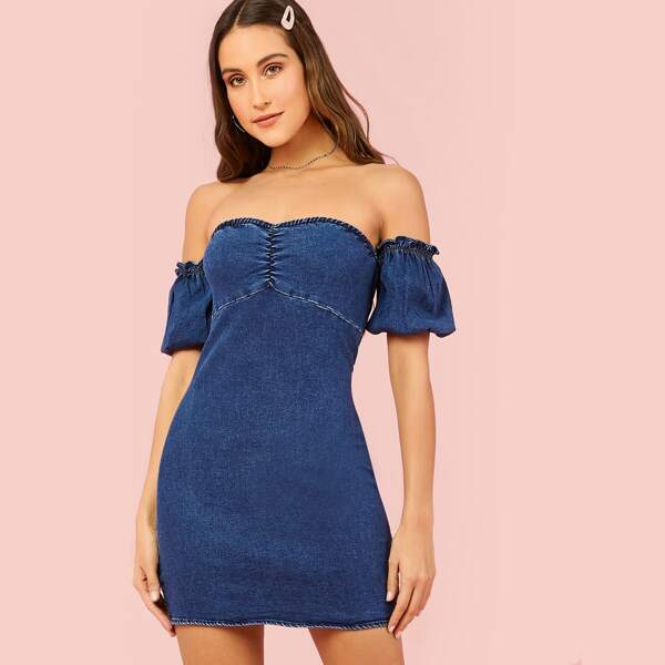 

Short Sleeve Off Shoulder Denim Mini Dress, Navy blue