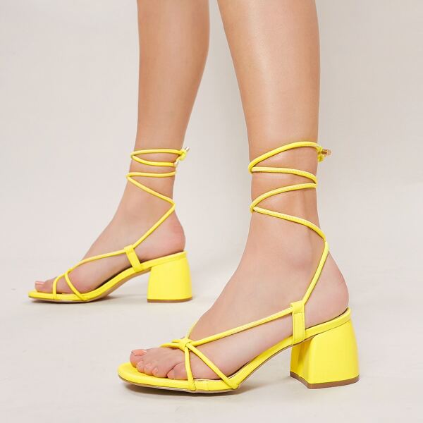 

Square Toe Lace Up Gladiator Short Heel Sandals, Yellow