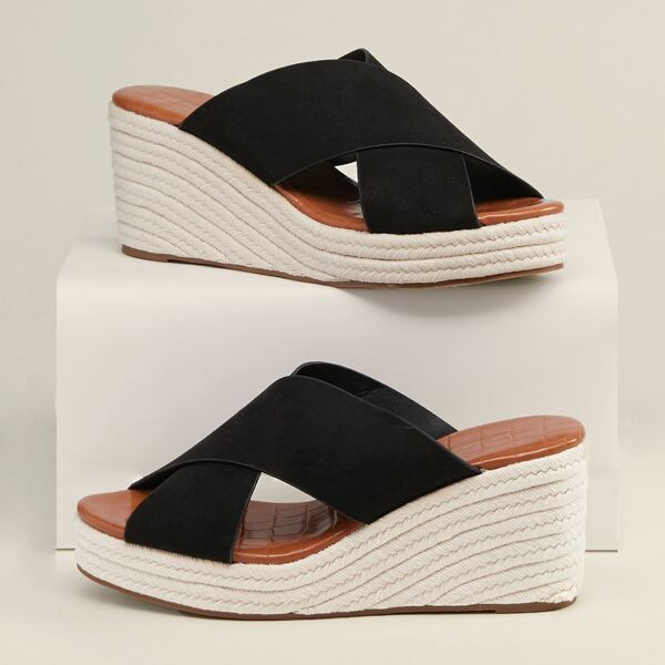 

Cross Band Open Toe Espadrille Wedges, Black