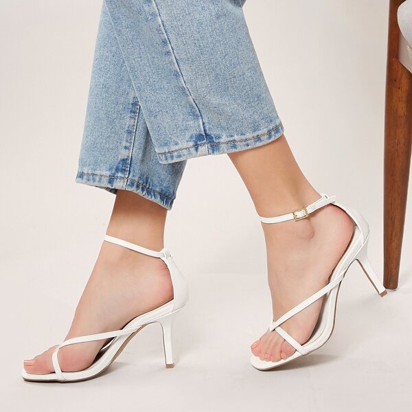 

Square Toe Buckled Ankle Strappy Kitten Heels, White