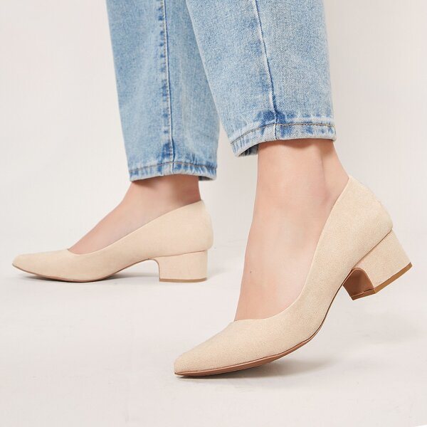 

Pointy Toe Low Chunky Heel Pumps, Apricot