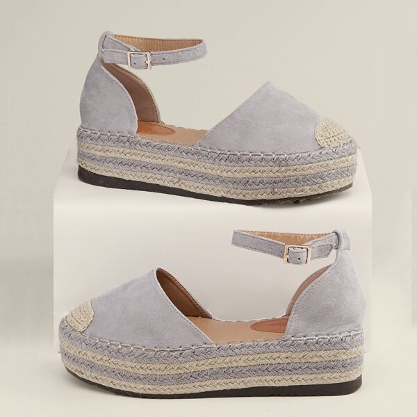 

Buckled Ankle Flatform Espadrilles, Grey