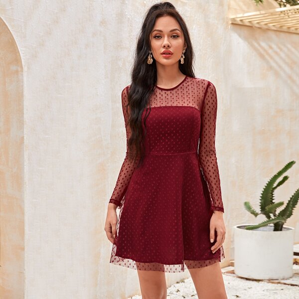 

Fit And Flare Heart Mesh Dress, Burgundy