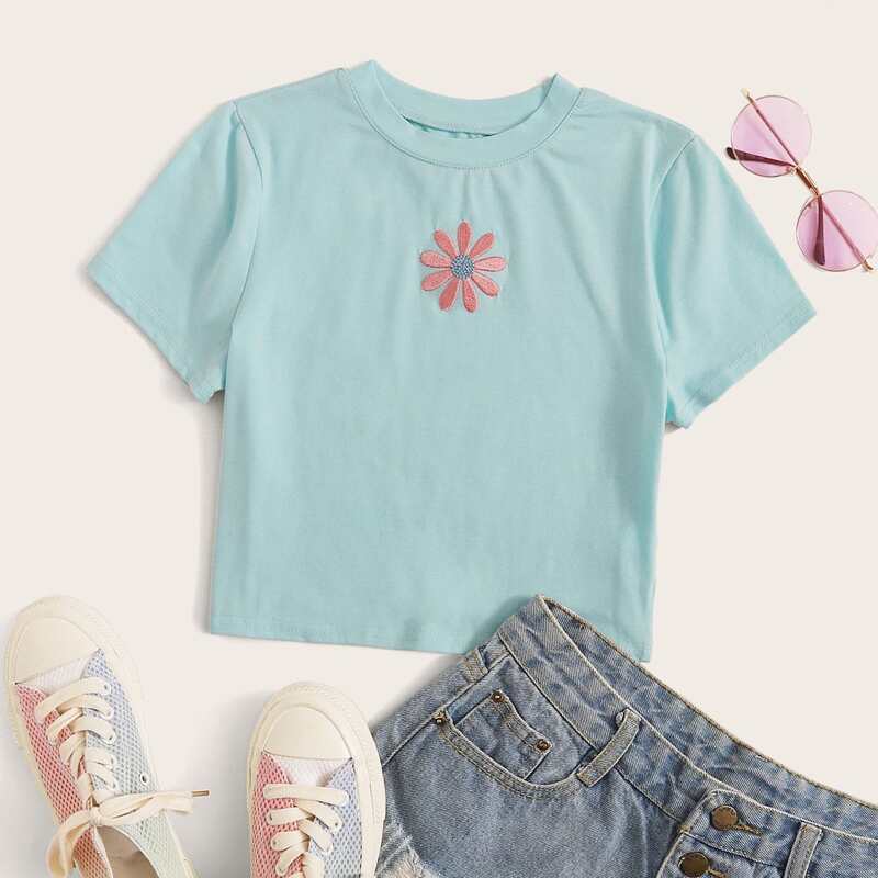 

Flower Embroidery Crop Tee, Blue