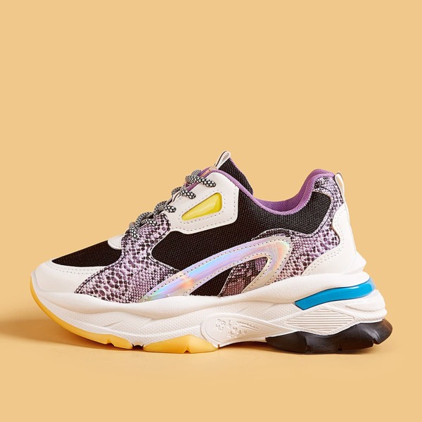 

Holographic Snakeskin Print Lace-up Front Chunky Sneakers, Multicolor
