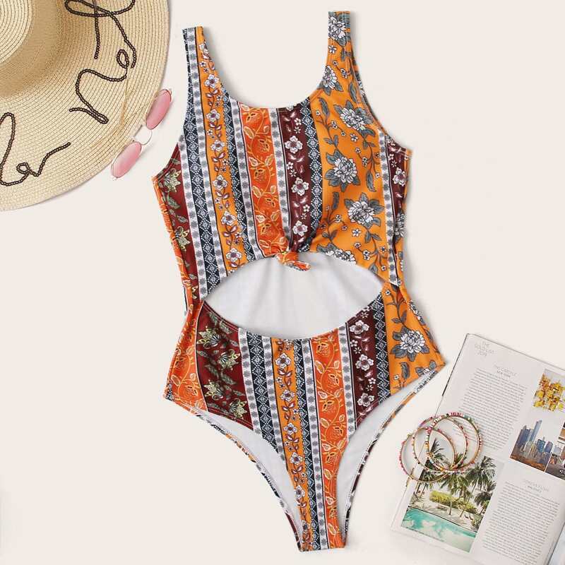 

Floral Knot Front One Piece Swimsuit, Multicolor