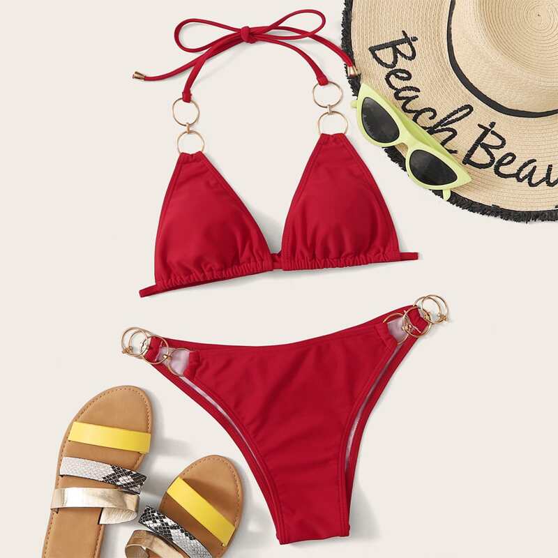 

Red Ring Linked Triangle Bikini Swimsuit