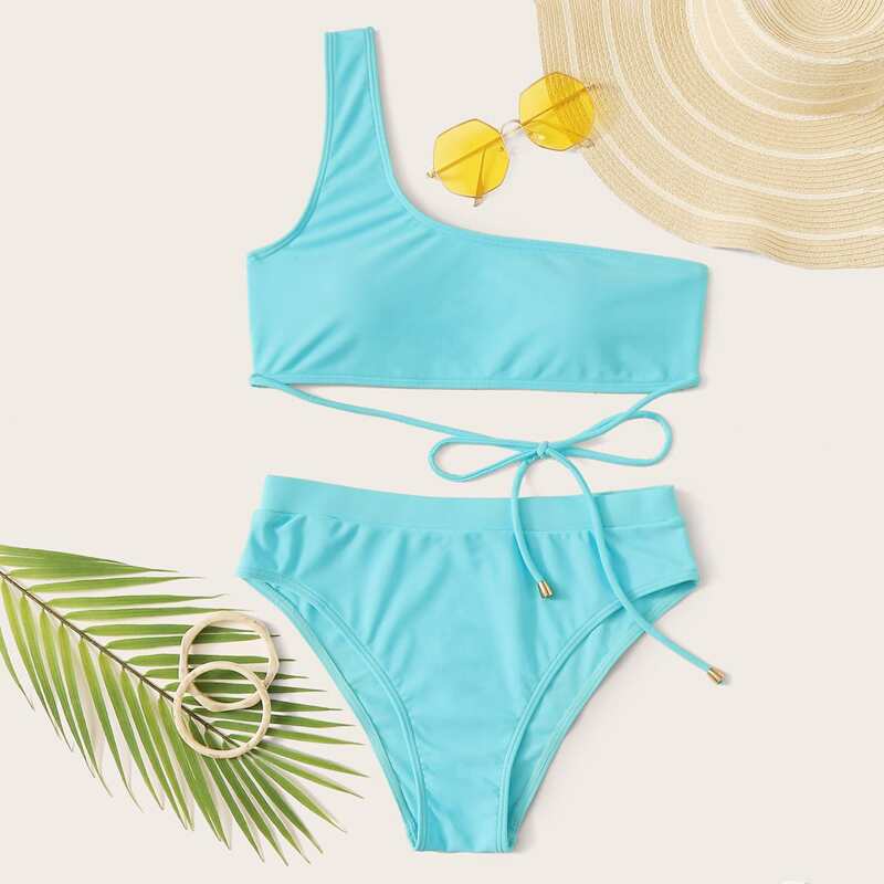 

Turquoise One Shoulder Bikini Swimsuit, Blue