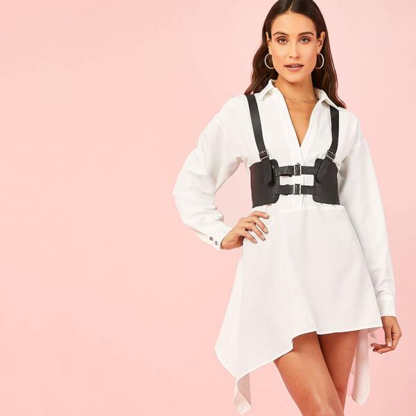 

Harness Belted Waist Long Sleeve Shirt Dress, White