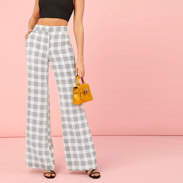 

Wide Leg Plaid Trouser Pants, Black and white