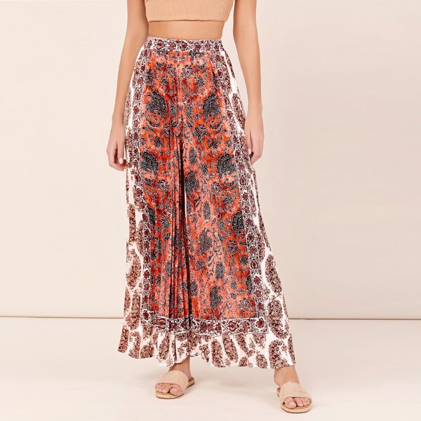 

Elastic Waist Pleated Wide Leg Floral Pants, Multicolor