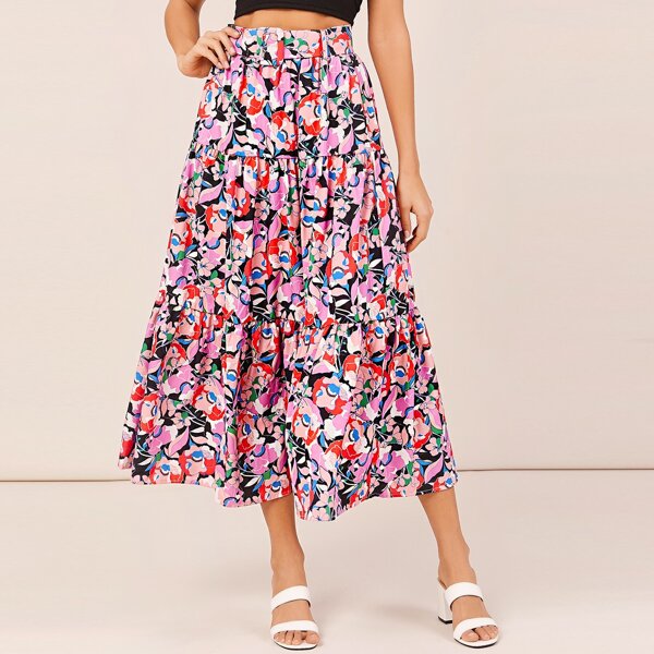 

Belted Waist Flared Floral Midi Skirt, Multicolor