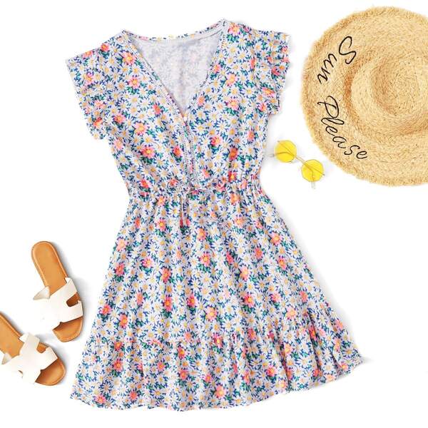 

Daisy Floral Print Self-Tie Mini Dress, Multicolor