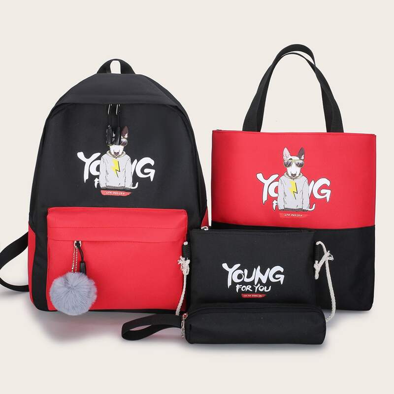 

4pcs Cartoon Graphic Colorblock Backpack With Pencil Case, Multicolor