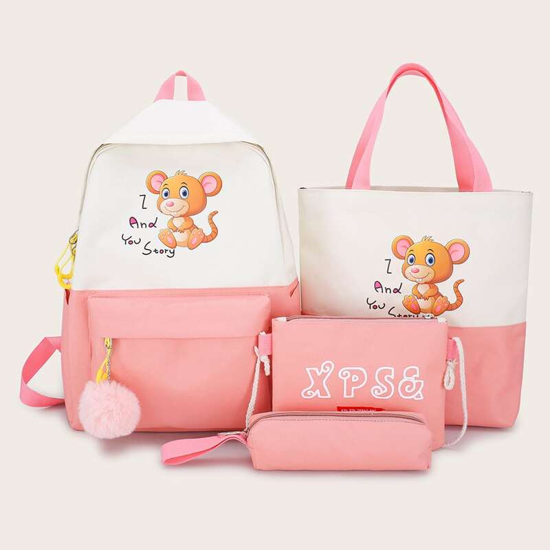 

4pcs Cartoon Graphic Colorblock Backpack With Pencil Case, Pink