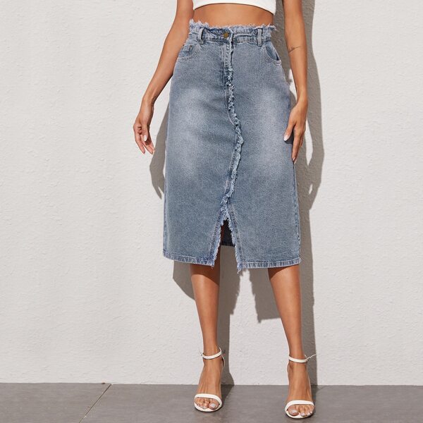 

Raw Trim Straight Denim Skirt, Blue