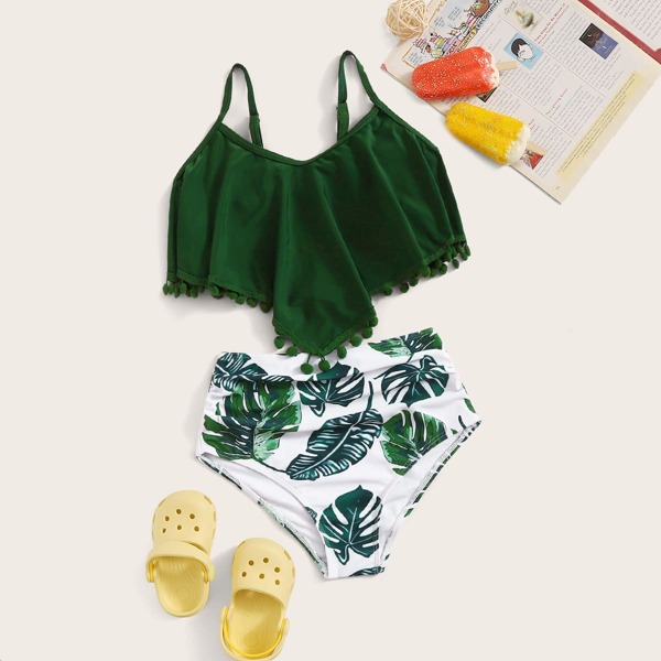

Girls Pompom Hanky Hem Top With Ruched Tropical Bikini, Green