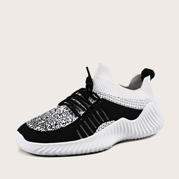 

Men Lace-up Front Knit Sneakers, Black and white